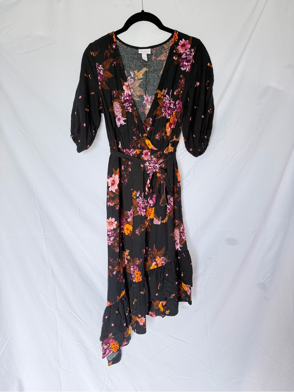 Maternity Black Floral Wrap Midi Dress with Pink & Orange Blooms